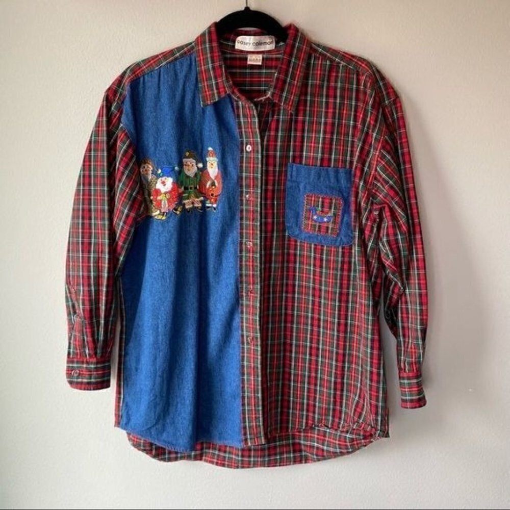 Vintage Casey Coleman Plaid Santa Button Up